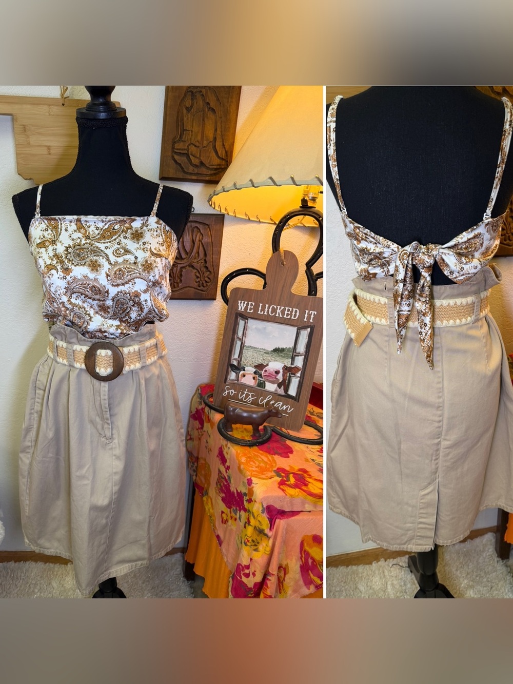 Vintage 80s Khaki High Waist Paper Bag Pencil Modest Pleated Cotton Skirt Sz 13